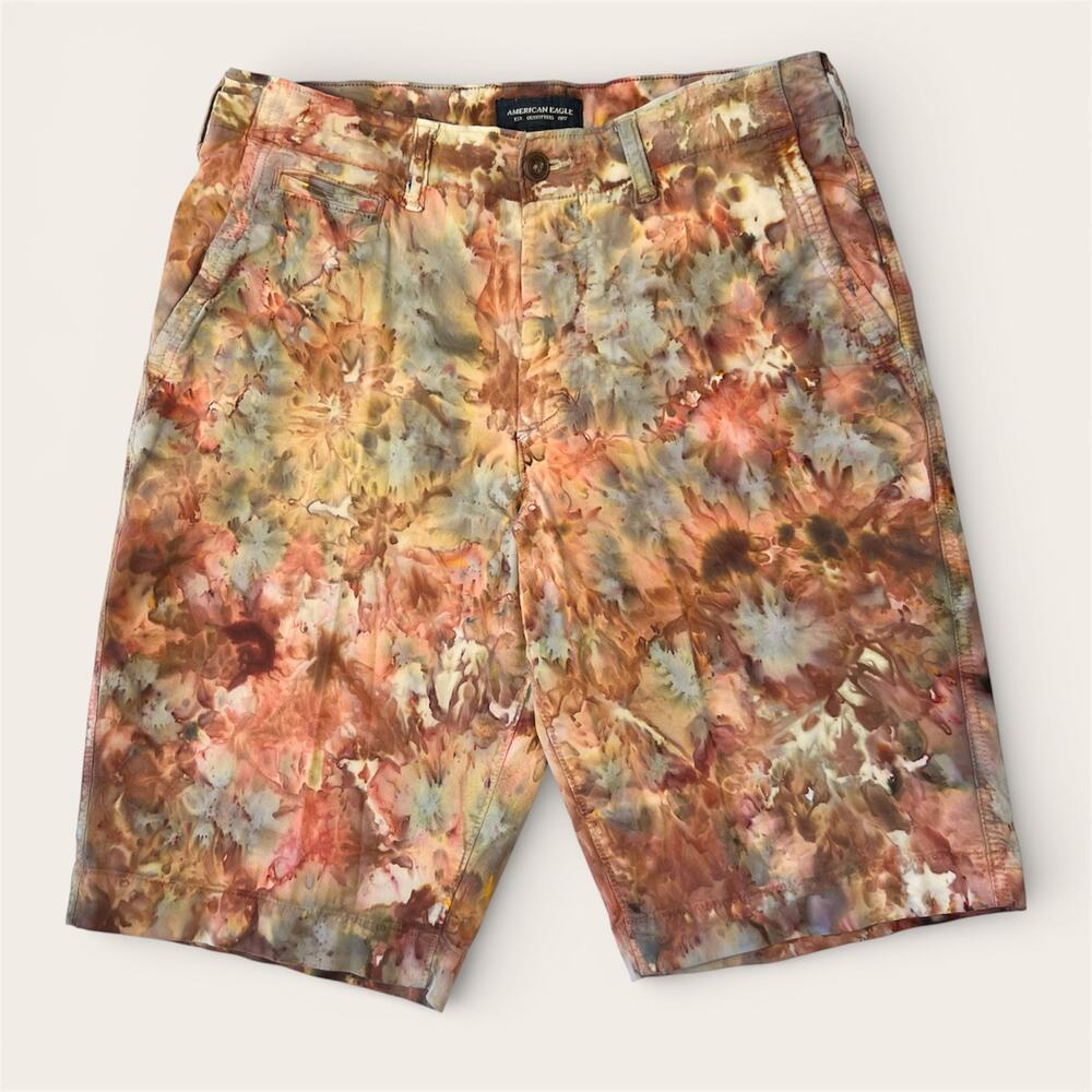 Custom Tie Dye Mens Chino Shorts Long Inseam Sz 32 Red Brown Ice Dye Festival